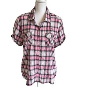 Harley Davidson Shirt Blouse Women's 1X\W Pink Plaid Embroidered Short Sleeve